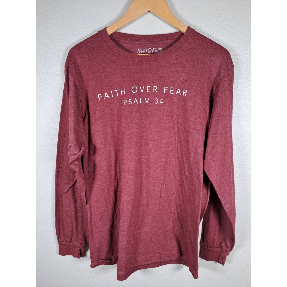Love in Faith Over Fear Psalm 34 Long Sleeve Graphic Tee Maroon Mens Large